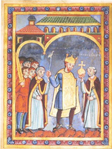 Henry III, Holy Roman Emperor (1017–1056), being presented with the orb of kingship.