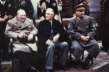 The WWII Allied leaders, Churchill, Roosevelt and Stalin, at the Yalta Conference, 1945.
