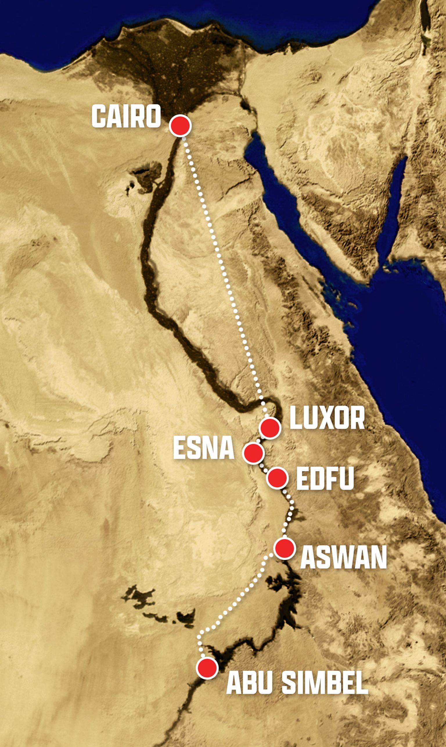 Map of egypt and the places where the tour will take place.