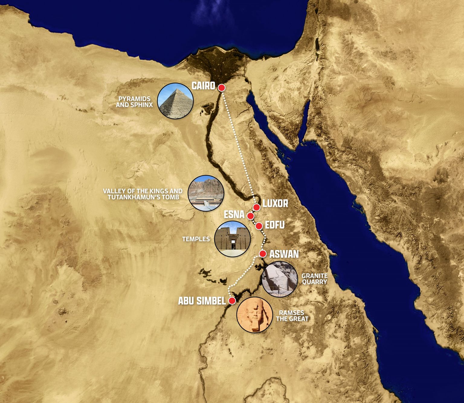 Map of egypt and the places where the tour will take place.