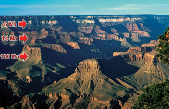 Three ‘gaps’ in the Grand Canyon in Arizona, which is about 1,600 m (5,300 ft) deep. The Ordovician, Silurian, and other geological layers are ‘missing’ at the lower gap, which is over 100 million years of evolutionary time missing.