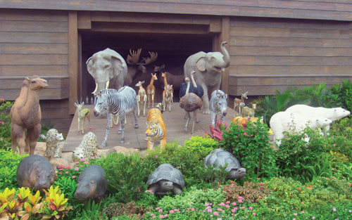 The life-size animals leaving the ‘Ark in Hong Kong’. Modern-day ones are depicted, rather than the likely ancestors of their ‘kinds’, and dinosaurs are not shown, either. Perhaps it was thought too blatant a challenge to the establishment view to be able to achieve the near-miraculous secular cooperation and support. Inside, though, is a multi-million-dollar, highly professional and unashamedly Bible-believing treatment of history—not just of the Flood, but also the Exodus, the Crucifixion, and much more
